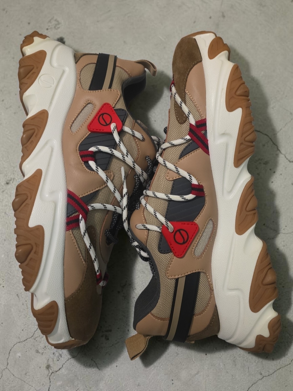 Chunky Tan & Red Trail-Style Sneakers.     Brand New Without Box